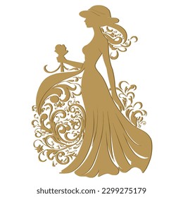 Woman in a hat silhouette surrounded by vintage flowers in art nouveau style. Vector Gold beautiful woman silhouette on white background. Old retro antique style isolated decorative design.
