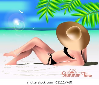 Woman with hat sunbathing