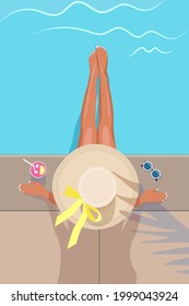 Woman in hat sunbathing near the swimming pool with cocktail. Summer vector vacation concept.