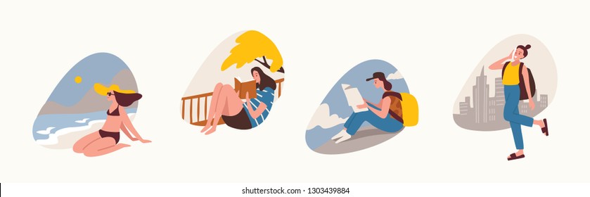 Woman in hat sunbathing on the beach. Traveler study the map and choose a route. Girl reading under tree. Leisure and traveling set. 