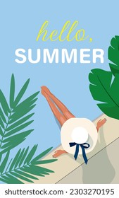 Woman in hat sunbathing. Tropic leaves. Hello Summer phrase on a summer background.
