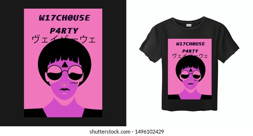 Woman with hat and sunglasses in 90s 80s Retro Cartoon Kawaii Otaku Hipster Style, Synthwave, Retrowave Neon Color Pastel Tones. Japanese text on t-shirt print means "Vaporwave".
