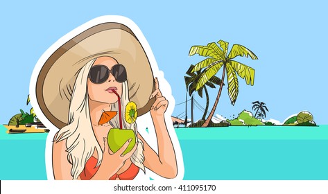 Woman Hat Sonnenbrillen Drink Cocktail Cocktail Beach Tropical Island Sommerferien Vektorgrafik