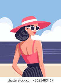 Woman in hat and sunglasses on the beach. Summer time, vacation concept. Travel illustration.