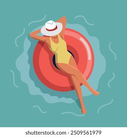 Woman with hat swimming on the inflatable ring in pool water. Top veiw. Vector flat cartoon illustration