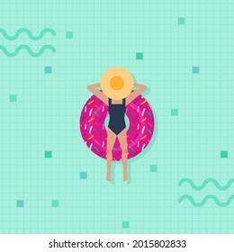 Mujer con sombrero en la piscina sobre un suelo de donut. Vibes de verano. Vista superior. Ilustración vectorial, diseño plano