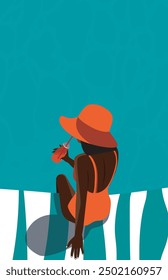 Woman in a hat and swimsuit on the beach or in the pool. The girl is on vacation. Template with place for text travel time, tourism concept. Illustration on the theme of summer, seasonal holiday