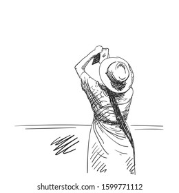Woman in hat taking photo with smart phone, Hand drawn illustration, Vector sketch