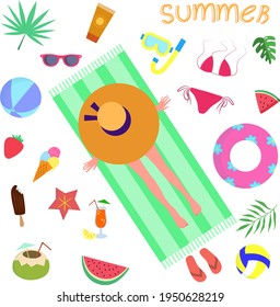 Woman in hat top view, summer items, summer vacation. Set of summer things