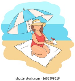 Woman in a hat and under a beach umbrella smears sunscreen on her body. Summer vacation on the beach. Colorful vector illustrations.