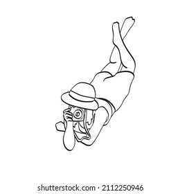 woman with hat using instant camera illustration vector hand drawn isolated on white background line art.
