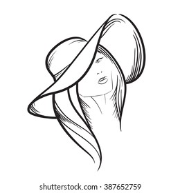 Woman in a hat vector hand drawn illustration. Female fashion model. Perfect for magazines, salons and stylists.