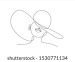 Woman in hat vector one line art. Line illustration. Minimalist print. Black and white. Beauty logo. portrait of young modern woman wearing hat. isolated female portrait. Line art
