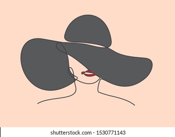 Woman in hat vector one line art. Line illustration. Minimalist print. Black and white. Beauty logo. portrait of young modern woman wearing hat. isolated female portrait. Line art