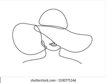 Woman in hat vector one line art. Line illustration. Minimalist print. Black and white. Beauty logo. portrait of young modern woman wearing hat. isolated female portrait. Line art