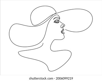 Mujer en ese vector de arte de una línea. Ilustración de línea. Impresión minimalista. Blanco y negro. Logo de belleza. retrato de una joven mujer moderna con sombrero. retrato femenino aislado. Arte de línea