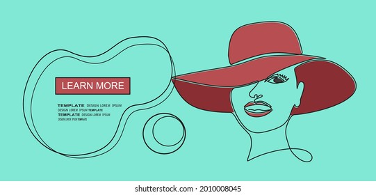 Mujer en ese vector de arte de una línea. Ilustración de línea. Impresión minimalista. Blanco y negro. Logo de belleza. retrato de una joven mujer moderna con sombrero. retrato femenino aislado. Arte de línea