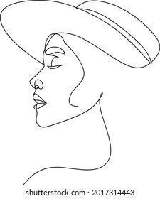 Mujer en ese vector de arte de una línea. Ilustración de línea. Impresión minimalista. Blanco y negro. Logo de belleza. retrato de una joven mujer moderna con sombrero. retrato femenino aislado. Arte de línea