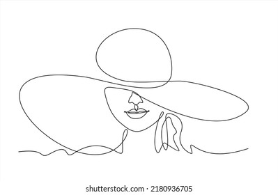 Mujer en ese vector de arte de una línea. Ilustración de línea. Impresión minimalista. Blanco y negro. Logo de belleza. retrato de una joven mujer moderna con sombrero. retrato femenino aislado. Arte de línea