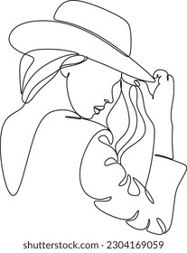 Woman in hat vector one line art. Line illustration. Minimalist print. Black and white. Beauty logo. portrait of young modern woman wearing hat. isolated female portrait. Line art
