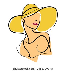 Woman in hat vector one line art. Line, logo, vector illustration.