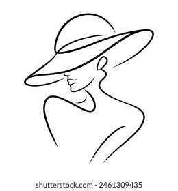 Woman in hat vector one line art. Line, logo, vector illustration.