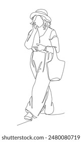 Woman in hat walking and talking on the phone. Continuous line drawing. Black and white vector illustration in line art style.