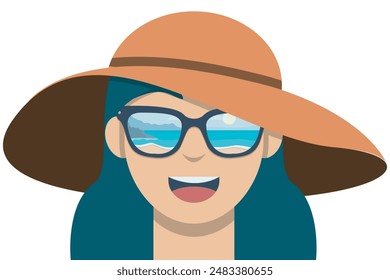 Mujer con sombrero usando gafas de sol con vista a la playa. Ilustración de vibraciones de verano.