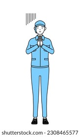 Woman in hat and work clothes apologizing with her hands in front of her body, Vector Illustration
