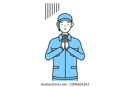 Woman in hat and work clothes apologizing with her hands in front of her body, Vector Illustration