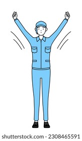 Woman in hat and work clothes doing radio calisthenics, preparation for accident prevention, Vector Illustration