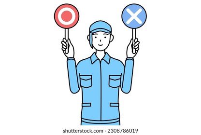 Woman in hat and work clothes holding a placard indicating correct and incorrect answers, Vector Illustration