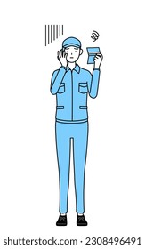 Mujer con sombrero y ropa de trabajo mirando su billete y sintiéndose deprimida, Ilustración vectorial