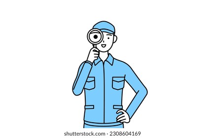Woman in hat and work clothes looking through magnifying glasses, Vector Illustration