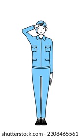 Woman in hat and work clothes making a salute, Vector Illustration