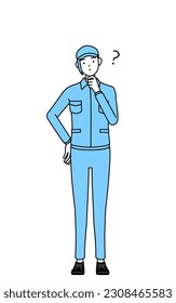 Woman in hat and work clothes nodding her head in question, Vector Illustration