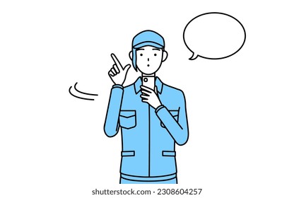 Woman in hat and work clothes operating a smartphone, Vector Illustration
