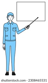 Woman in hat and work clothes pointing at a whiteboard with an indicator stick, Vector Illustration