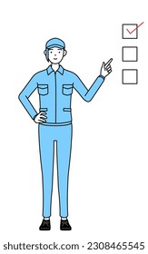 Woman in hat and work clothes pointing to a checklist, Vector Illustration