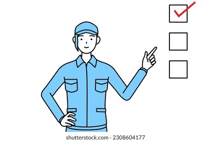 Woman in hat and work clothes pointing to a checklist, Vector Illustration