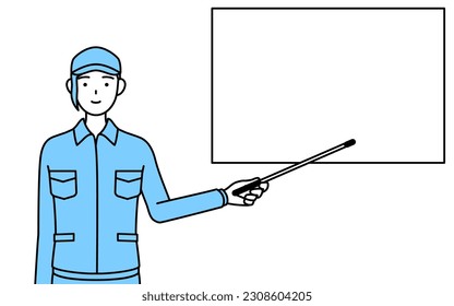 Woman in hat and work clothes pointing at a whiteboard with an indicator stick, Vector Illustration