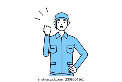 Woman in hat and work clothes posing with guts, Vector Illustration