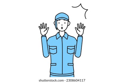 Woman in hat and work clothes raising her hand in surprise, Vector Illustration