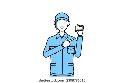Woman in hat and work clothes recommending credit card payment, Vector Illustration