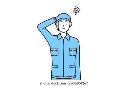 Woman in hat and work clothes scratching her head in distress, Vector Illustration