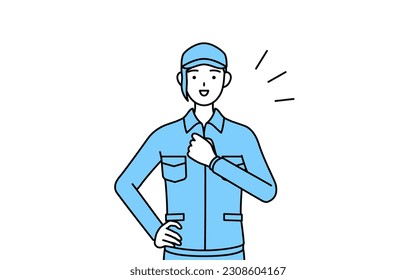 Mujer con sombrero y ropa de trabajo golpeando su pecho, Ilustración vectorial