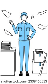 Woman in hat and work clothes who is fed up with her unorganized business, Vector Illustration