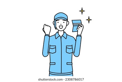 Woman in hat and work clothes who is pleased to see a bankbook, Vector Illustration