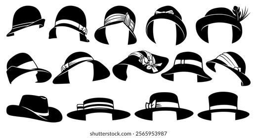 Woman Hats Set. Black and white vector cliparts isolated on white.