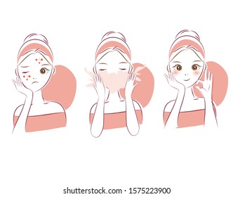 Woman have acne skin problems. Treatment for acne skin. Washing with acne facial foam. Beauty cartoon character illustration